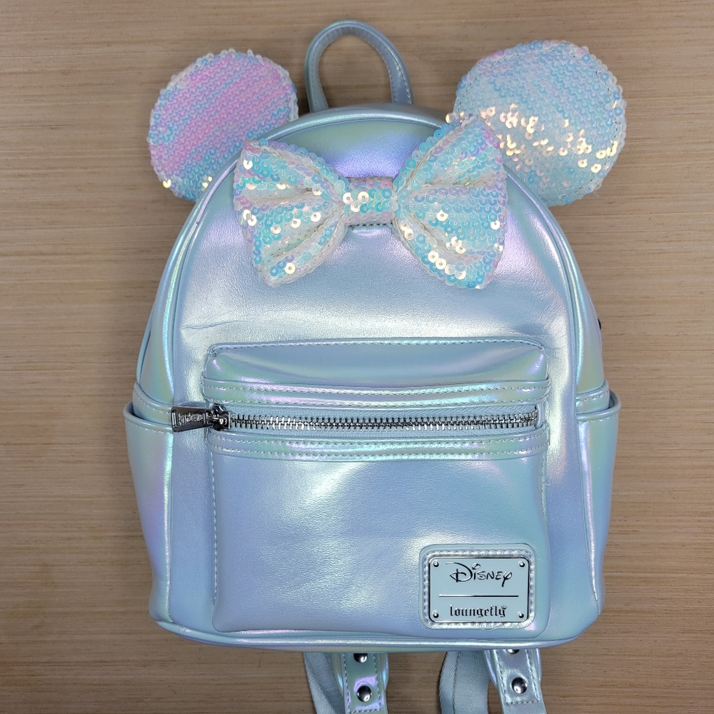 Disney Loungefly Minnie Mouse Iridescent Blue Sequin Bow Mini Backpack 2023